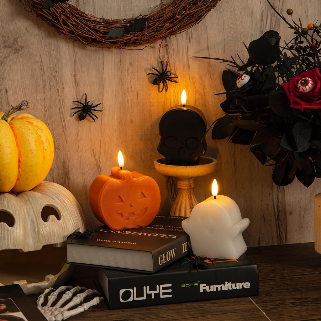 Halloween Flameless Candles with Remote, Cute Halloween Ghost Pumpkin Decor