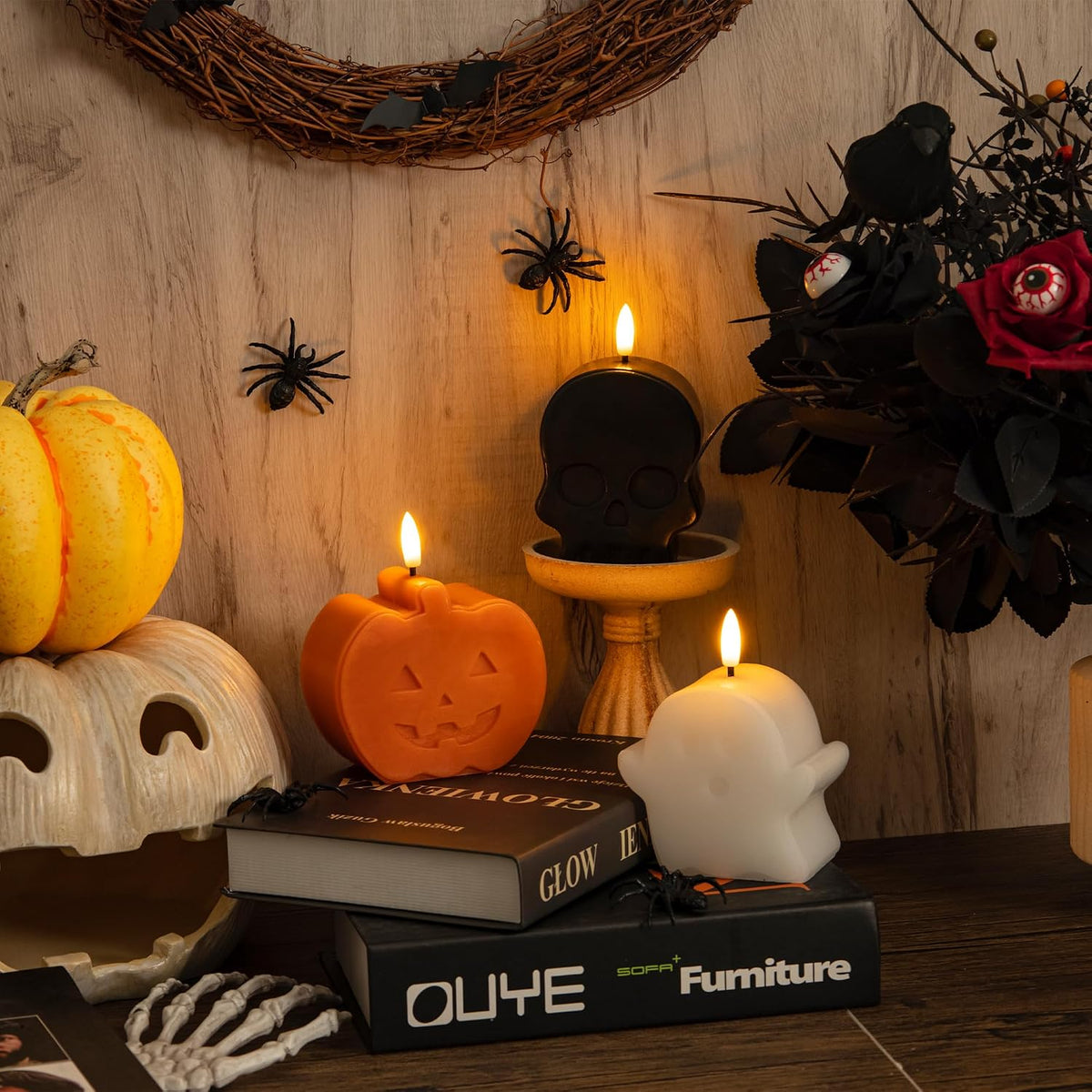 Halloween Flameless Candles with Remote, Cute Halloween Ghost Pumpkin Decor