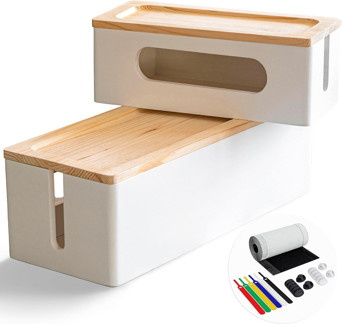 NATURE SUPPLIES Set of 2, Wood Cable Management Boxes, Large and Medium Cord Organizer to Hide Wires and Power Strips for TV, Desk, Computer, Router, Cable Storage and Home Office Organization, White