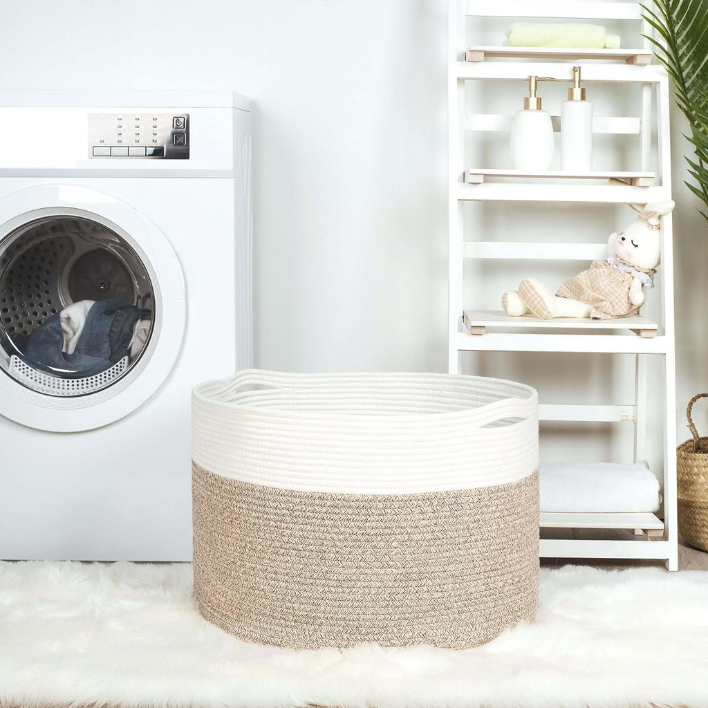 MINTWOOD Design Extra Large 22 x14 Inches Decorative Woven Cotton Rope Blanket Storage Basket Bin Living Room and Laundry Hamper for Pillows, Pool Towels, Dog Toys, Shoes, Light Brown
