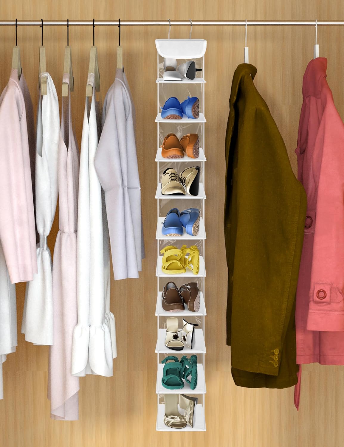 Libeder 10-Shelf Hanging Shoe Organizers with Side Pockets, Transparent