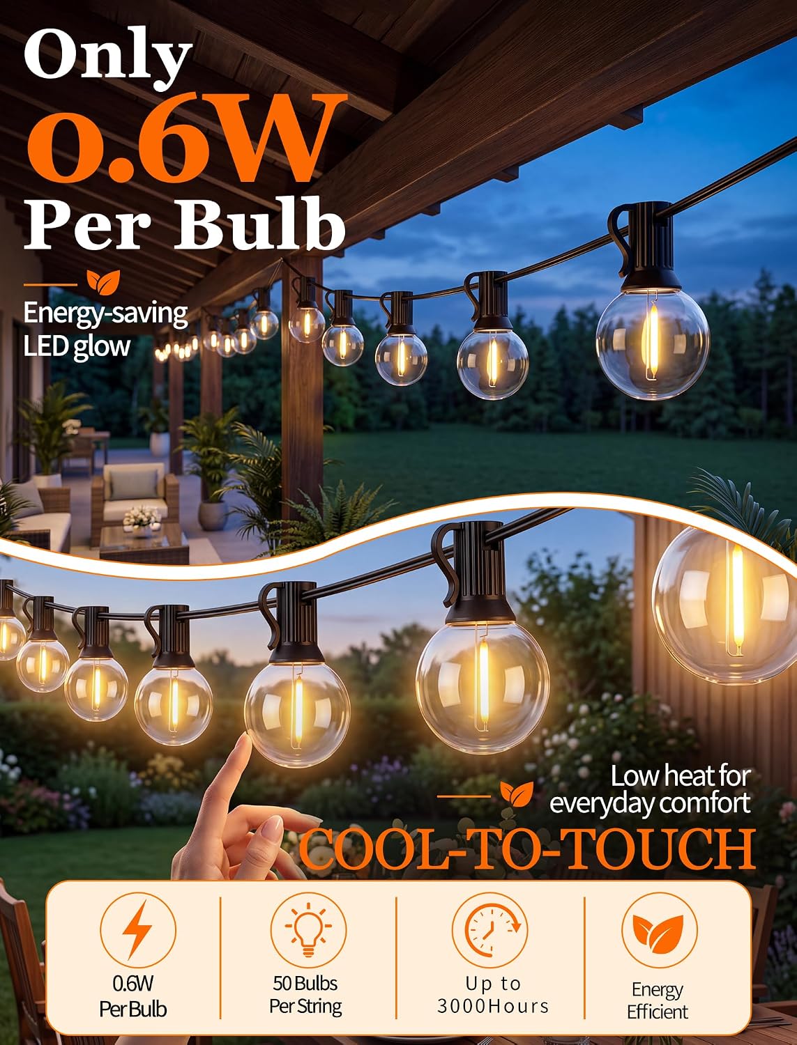 50FT G40 LED Outdoor String Lights, 50+2 Shatterproof Bulbs, Black Wire