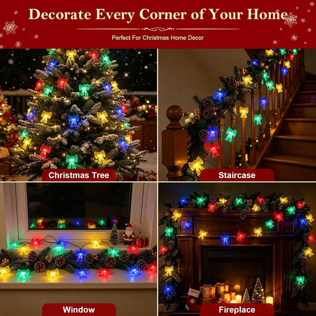 Battery Operated 15FT Christmas Bow 30LED Indoor String Lights Multicolor