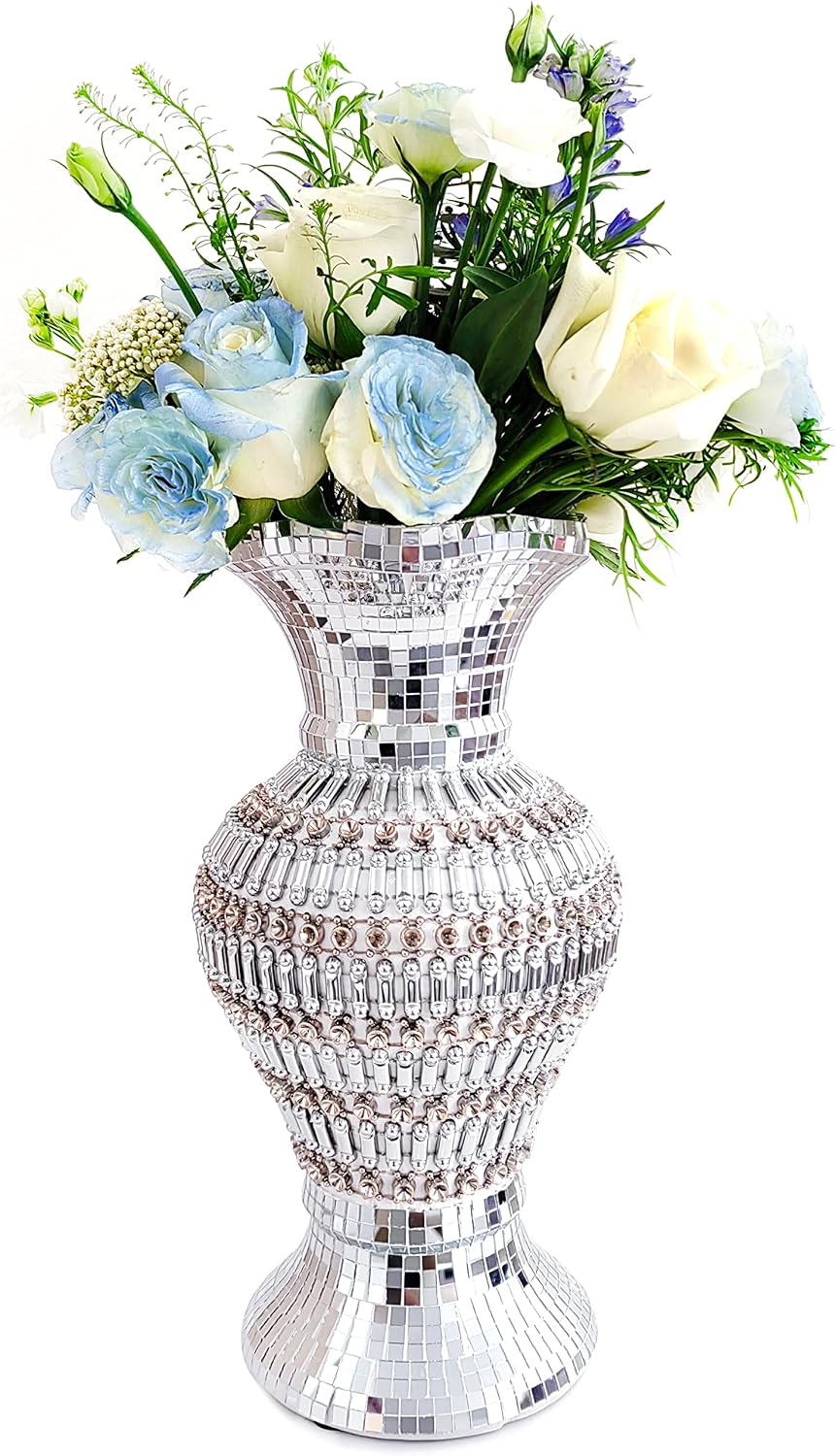 Silver Ceramic Flower Vase with Rhinestones, 12-Inch Home Decor