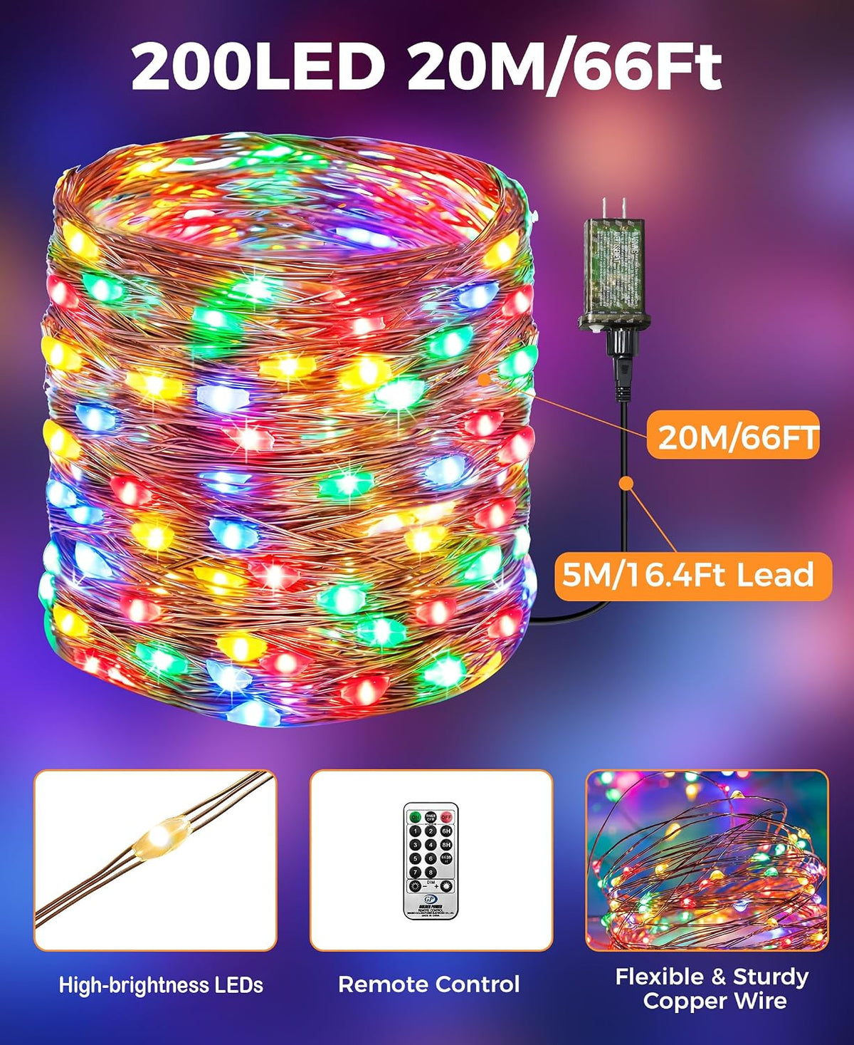 Plug-in Fairy Lights, 66 Ft 200 LED String Light with Remote, 8 Modes, Timer and Dimming Twinkle Lights for Indoor, Bedroom, Party, Decoration, Holiday, Multi-Colored