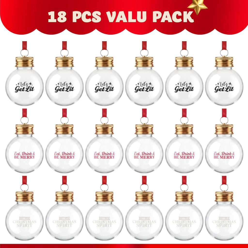 Joiedomi 18 Pcs Mini Christmas Boozeball Ornaments Set, 1.7 oz Clear Plastic Fillable Ball, Ball Ornaments for Christmas Tree Hanging Decorations Indoor, Xmas Party Favors Supplies Presents