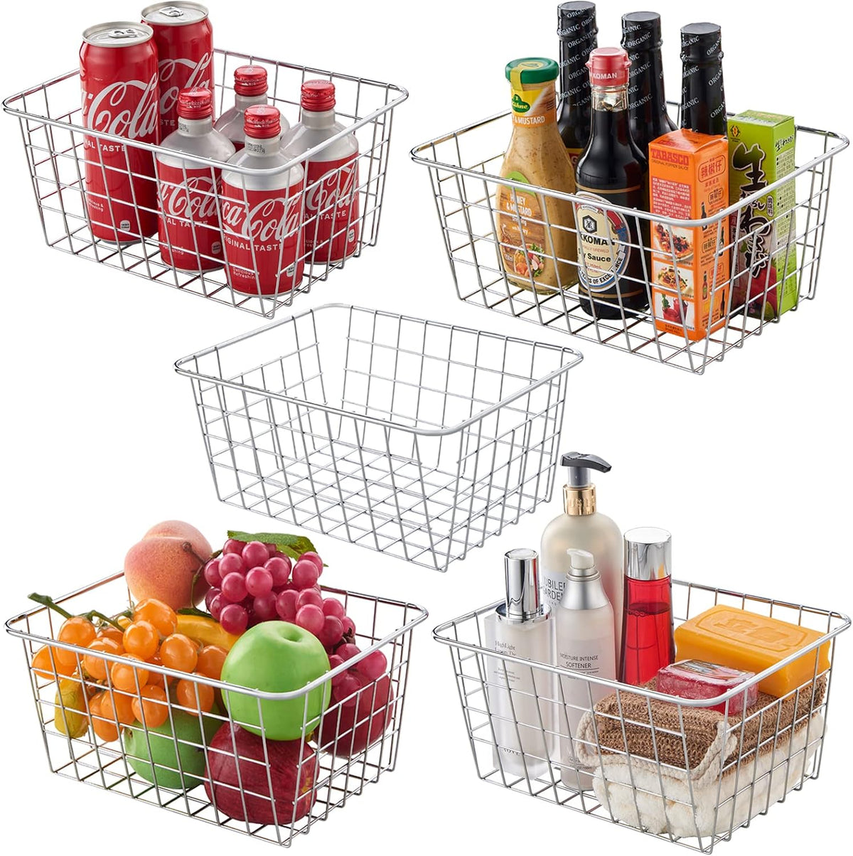 JUNCHU CHERRY Wire Kitchen Storage Basket 5 Packs,Perfect Pantry Organization Accessories Baskets,Laundry Basket,Countertop Organization,Suitable for Kitchen,bathroom,bedroom,Tabletop,Stackable,Chrome