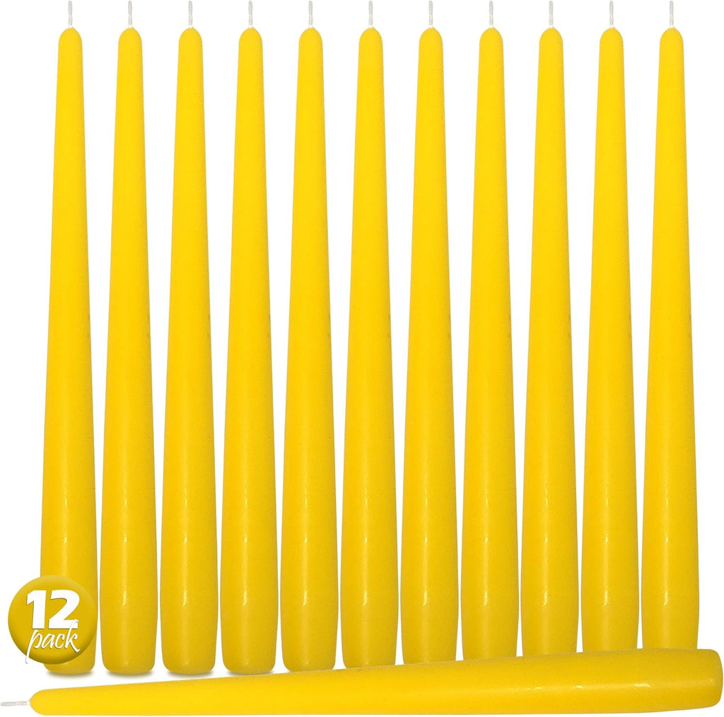 Hyoola Tall Taper Candles - 12 Inch Yellow Unscented Dripless Taper Candles - 10 Hour Burn Time - 12 Pack