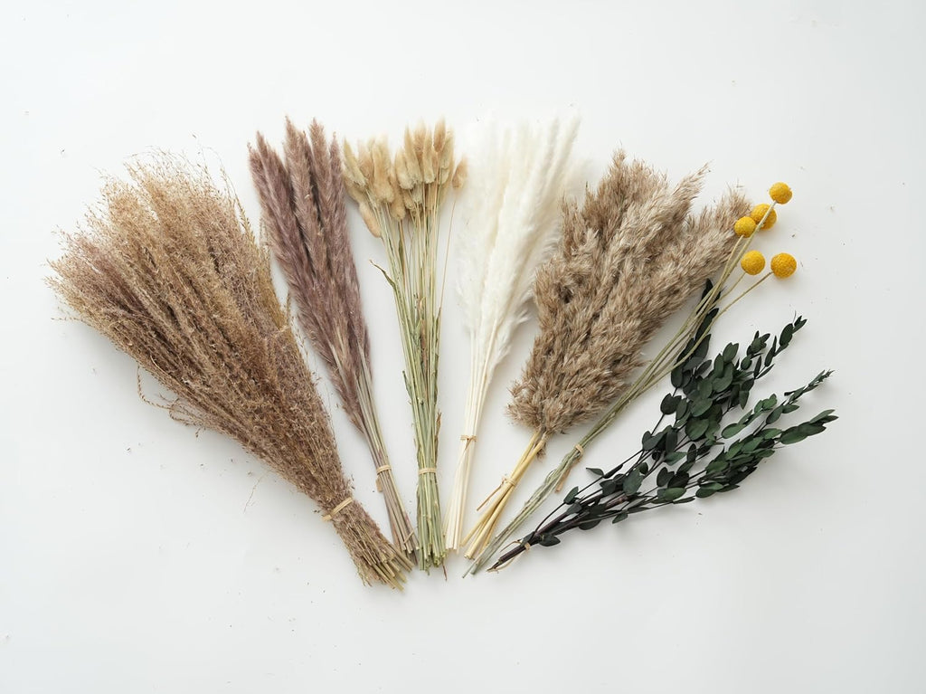 Natural Dried Pampas Grass Bouquet (103-Piece) for Boho Wedding & Home Decor - Farmhouse Centerpiece with Eucalyptus, White/Brown, 14-17 Inches