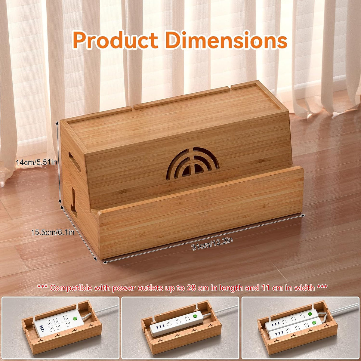 Bamboo Cable Management Box, Natural Color, 31X14X15.5CM