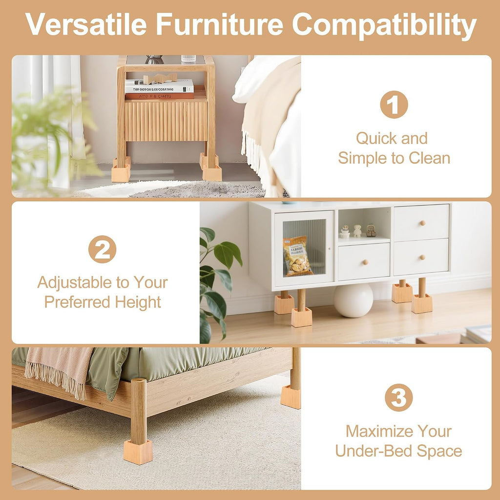 Wooden Bed Risers 3 Inch Heavy Duty, Support 2500 lbs, Nature