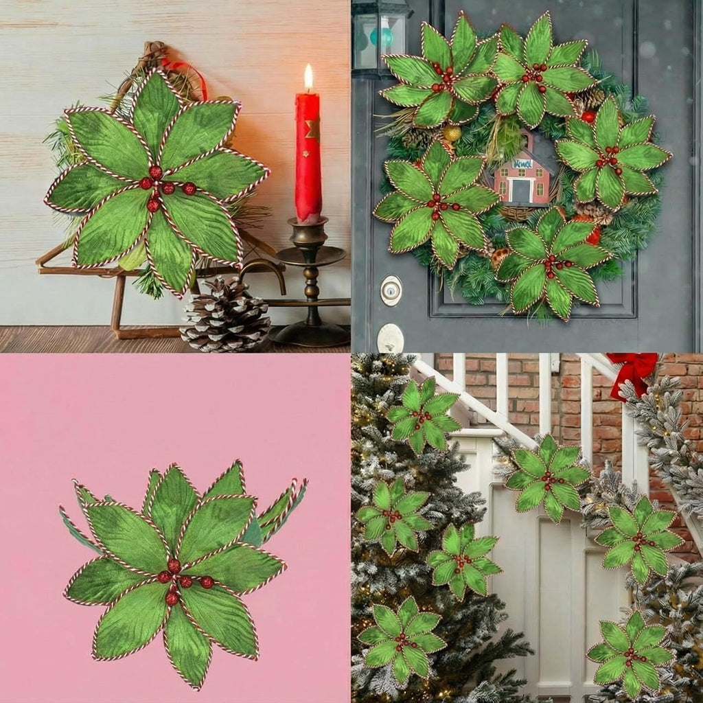 Thiccywoov 6 Pcs Green Peppermint Edge Christmas Poinsettia Stem 10.24 x 3.94 Inch Silk Velvet Artificial Fake Poinsettia Flowers Blooms for Christmas Trees and Holiday Decorations