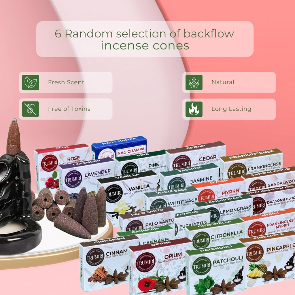 Trumiri Backflow Incense Cones for Waterfall Fountain - 6 Random Scents - Insence - Insenses - Large Long Lasting Variety Pack - Inciensos - 10 Cones per Scent - Total 60 Conos