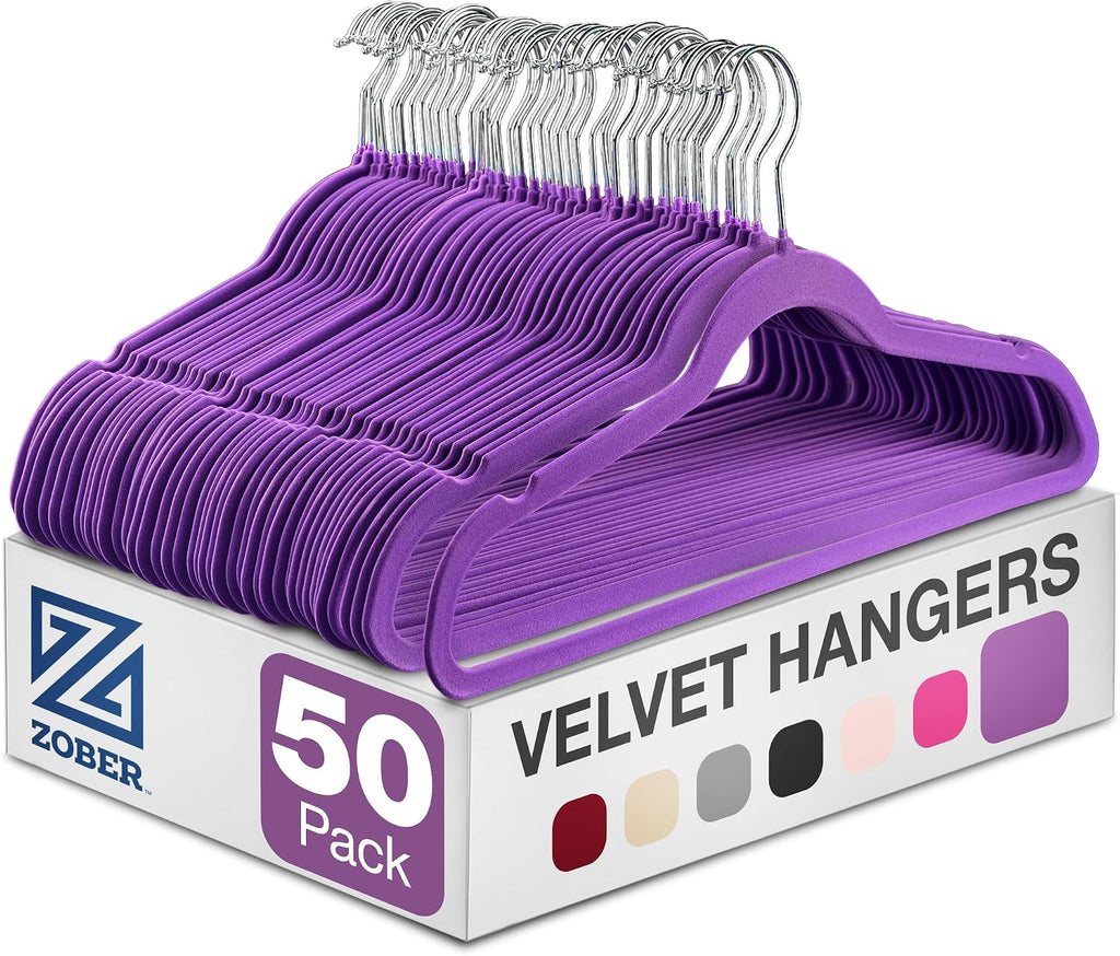 Zober Purple Velvet Hangers 50 Pack, Slim Non Slip Clothes Hangers