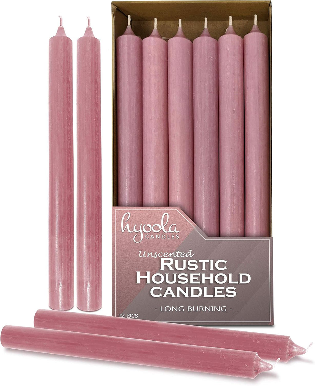 Hyoola 10 Inch Dinner Candles - 12 Pack - Rose Pink Tall Unscented Rustic Long Burning Candle Sticks