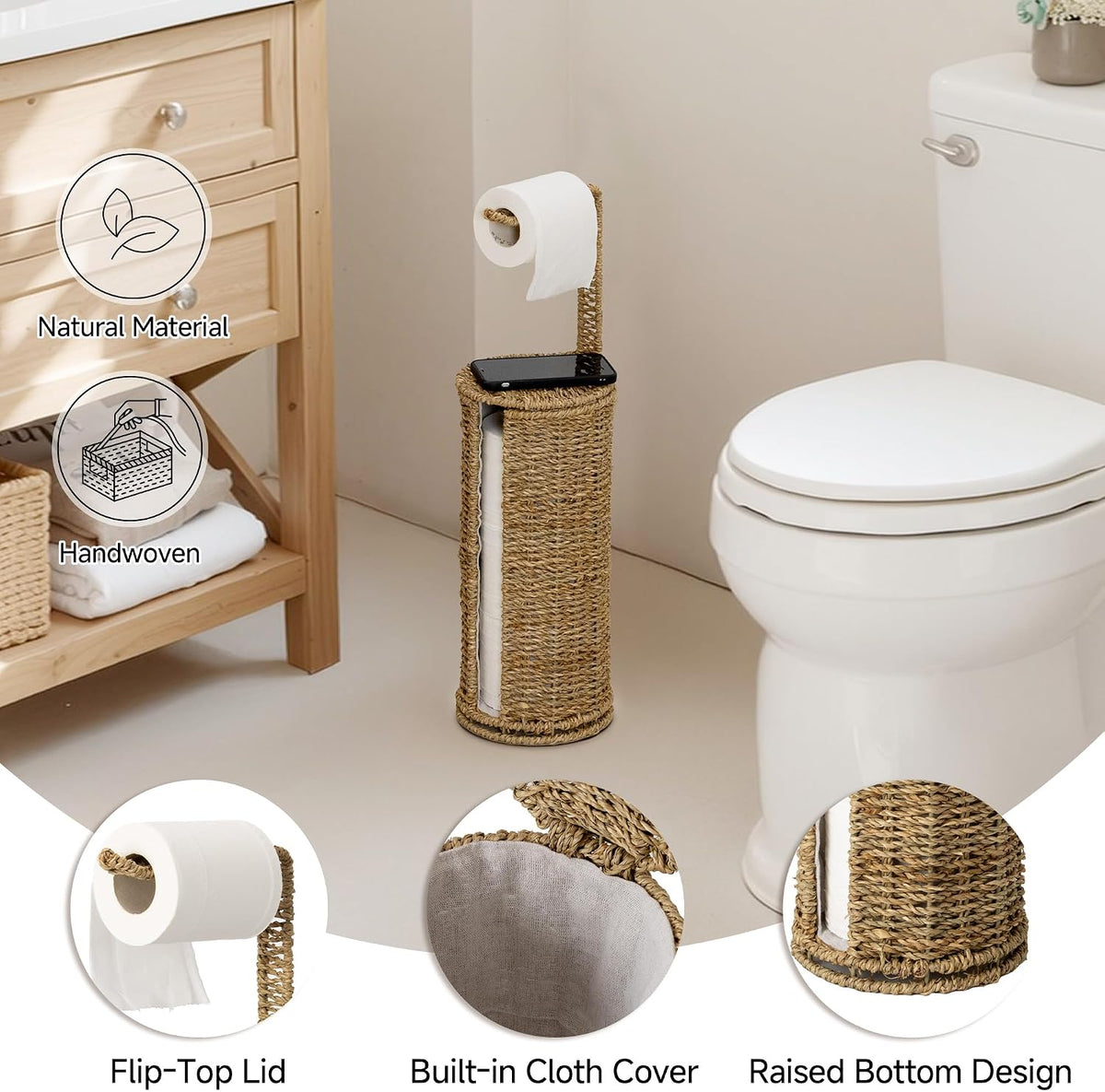 StorageWorks Wicker Freestanding Toilet Paper Holder Stand with Storage