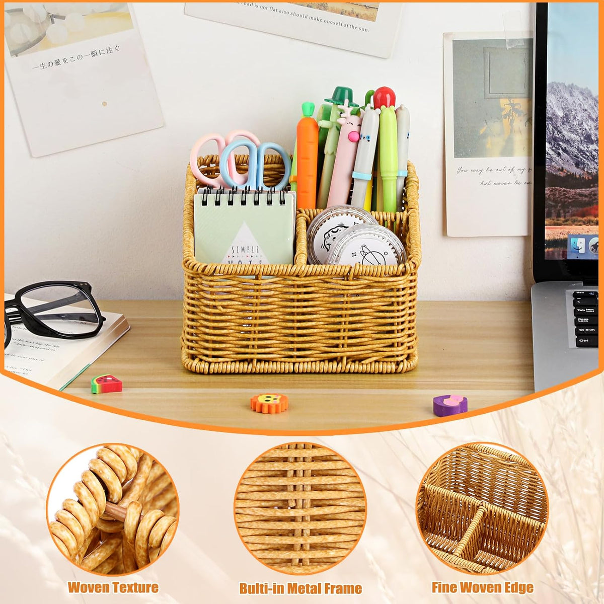 BTSKY 3 Slots Natural Woven Remote Control Holder for Desk Rattan Media TV Caddy Storage Holder Office Supply Storage Rack Desk Accessories Organizer For Living Room Bedroom Countertop, Beige