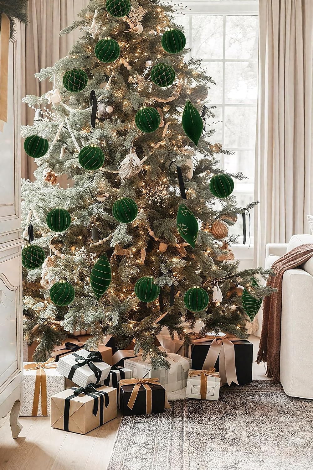 12PCS Velvet Christmas Ornaments Balls 3.15/6.6 Inch Flocked Ornament Sets Glitter Balls for Xmas Hanging Ornaments Decoration Wedding Party Holiday Decor - Evergreen Green