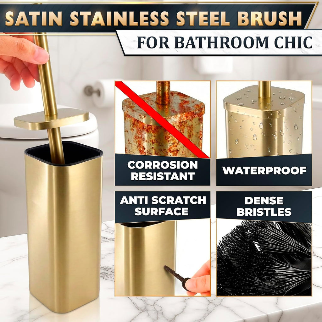 Gold Toilet Brush and Holder Set, Detachable Long Handle (Square)