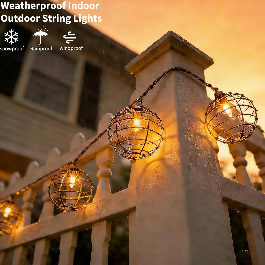 Decorative String Lights Indoor Outdoor, Patio Lantern Style String Lights with 10 Warm White Mini Bulbs, UL Listed Connectable Weatherproof Plug In Lights for Home Decoration(Iron Wire Twist Ball)