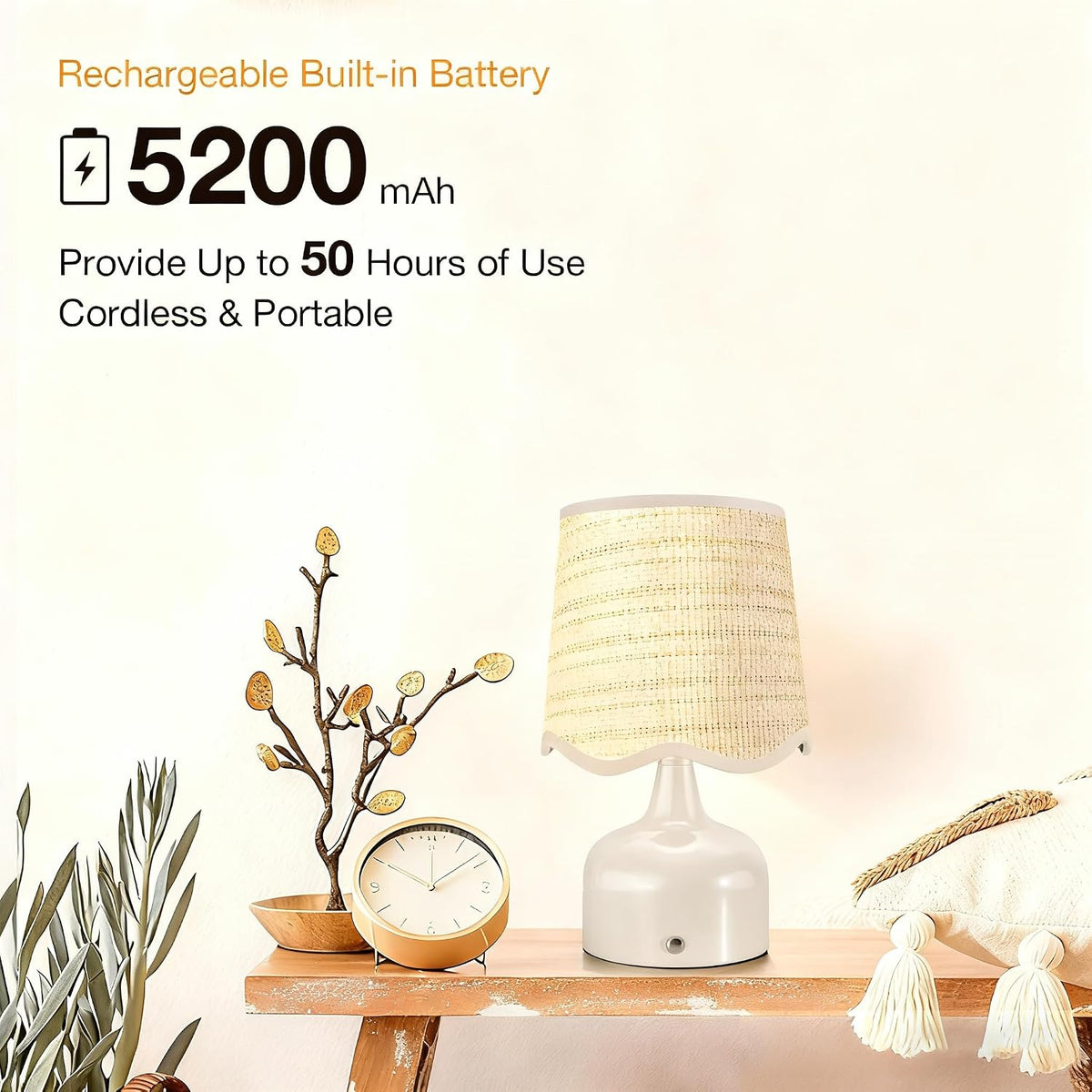Cordless Boho Table Lamp Beige, Scalloped Wicker Shade, 5200-mAh Rechargeable Battery, 3-Way Dimmable, Build-in Integrated LED 320 Lumen Max, for Bedside Living Room