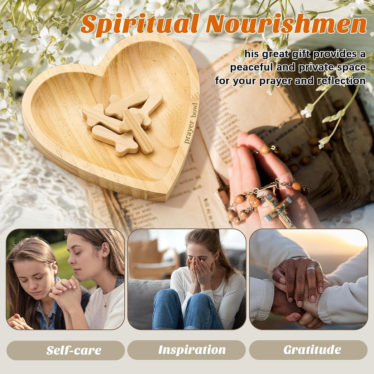 LemonRoad 36 Pcs Prayer Bowl Set Christian Gifts Wooden Prayer Bowl with 5 Wood Hand Held Crosses 30 Printed Cards Religious Gift for Mom Dad Birthday Retirement Home Table Decor(Heart)