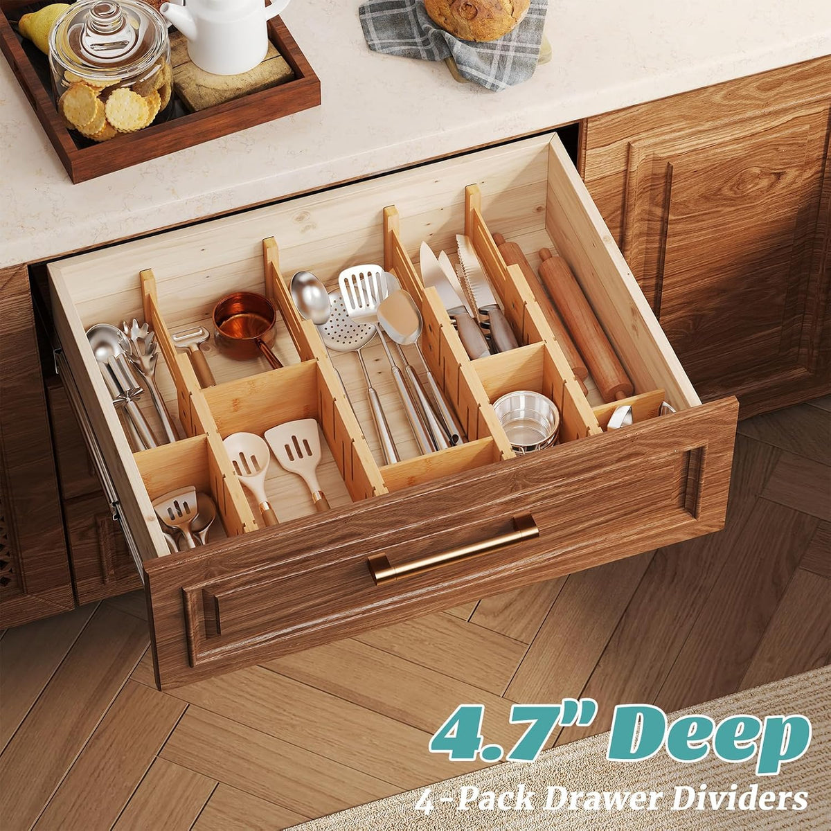 Bamboo Drawer Dividers 4 Pack, Adjustable 13.7-18.8in Dresser Organizer