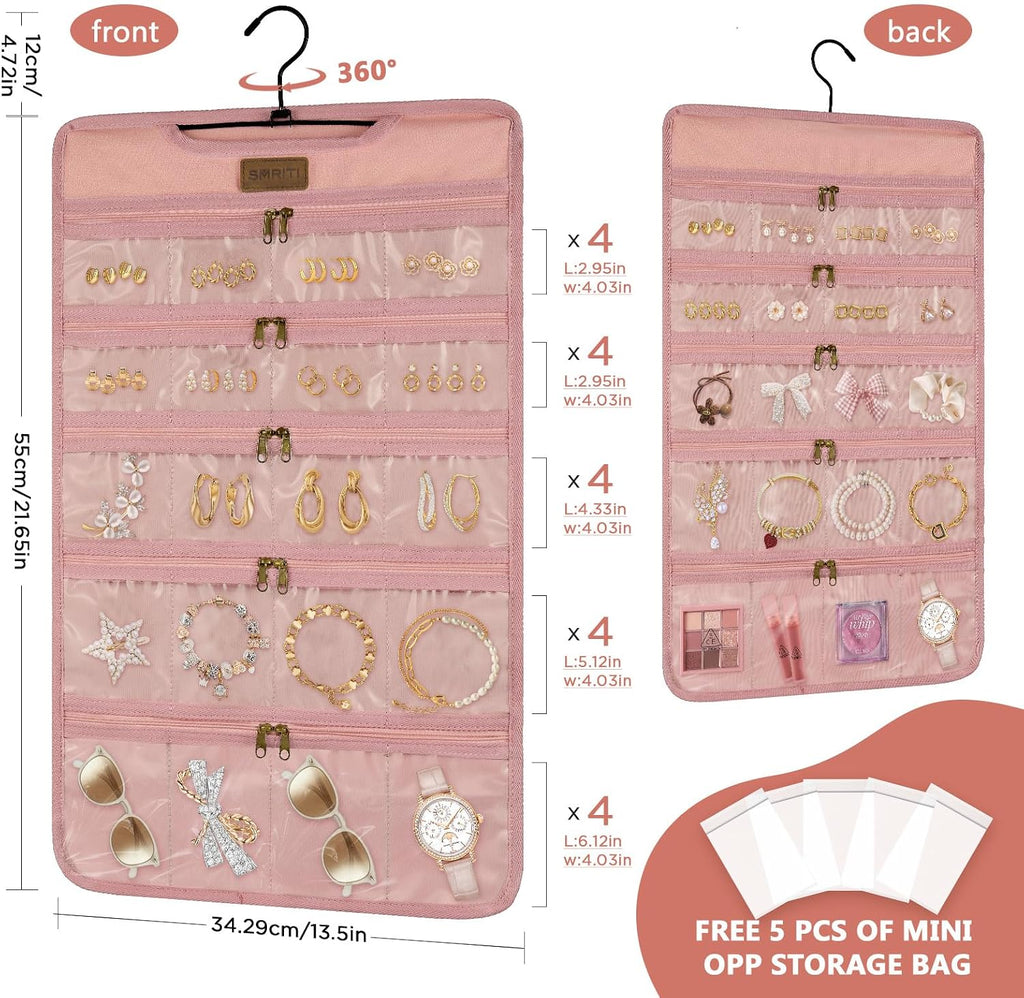 SMRITI Hanging Jewelry Organizer with Zippered Pockets, Double-Sided Accessories Organizer Holder for Earring Necklace Bracelet Ring on Closet Wall Door,Dustproof Foldable for Travel (Pink 1 Pack)