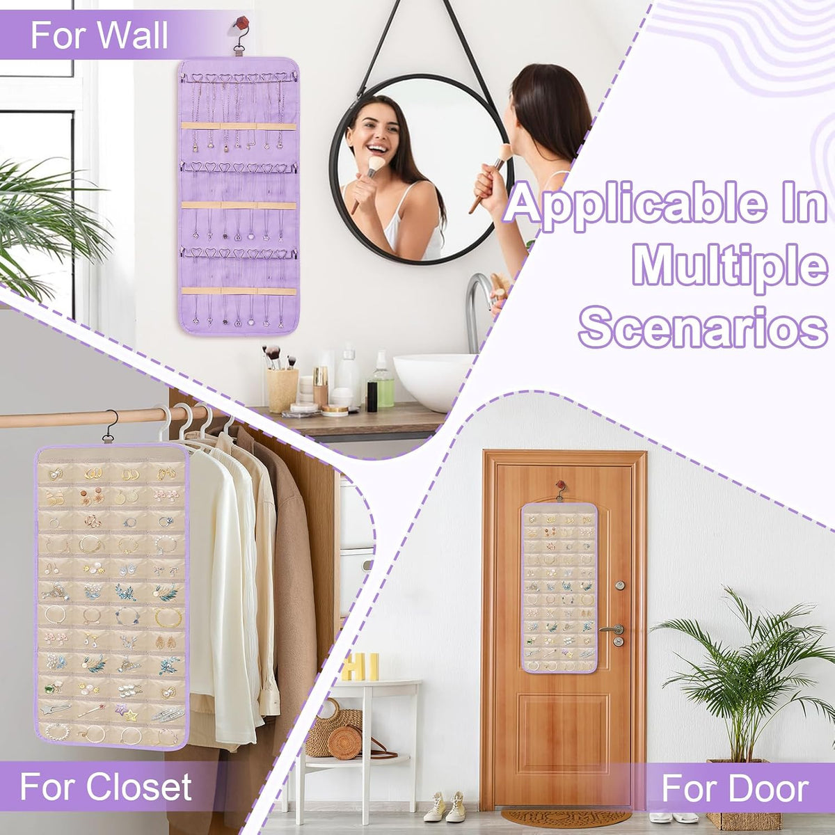 Dynoro Double-Sided Hanging Jewelry Organizer, Lavender Storage Roll for Earrings, Necklaces, Rings, 48 Pockets 21 Hooks, Durable Oxford Fabric for Closet, Wall, Door, 1 piece, Jewelry Not Included