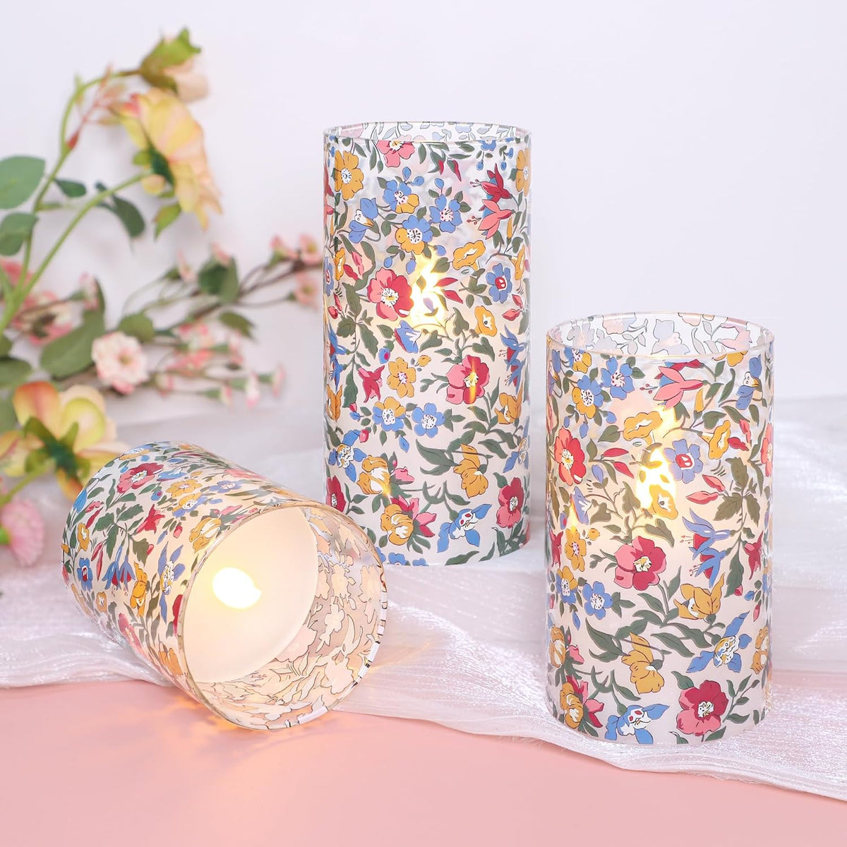 Floral Glass Flameless Candles with Remote, Spring Wildflower Design LED Candles, 3D Wick Flickering Battery Operated Candles for Home Decor, Bedroom, Wedding, Table Centerpiece