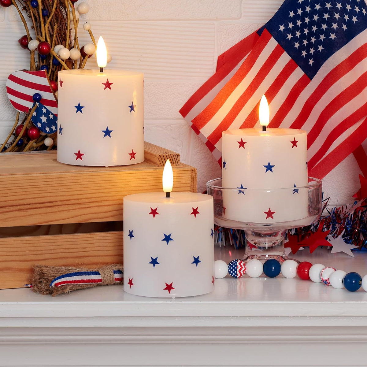 4th of July Flameless Pillar Candles with Red White and Blue Star Stickers, 250th Anniversary Patriotic Battery Operated LED Pillar Candles with Remote and Timer, Real Wax Candle Set of 3