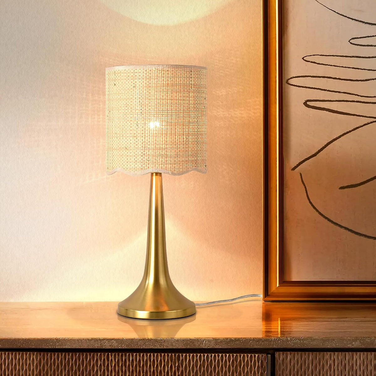 Ziqqeelam Gold Rattan Table Lamp for Bedroom, Brass Cute Wicker Lamps for Bedside Nightstand, Small Table Shape Lamps for Small Spaces for Kitchen Counter, Home Office, Living Room, Kids Dorm