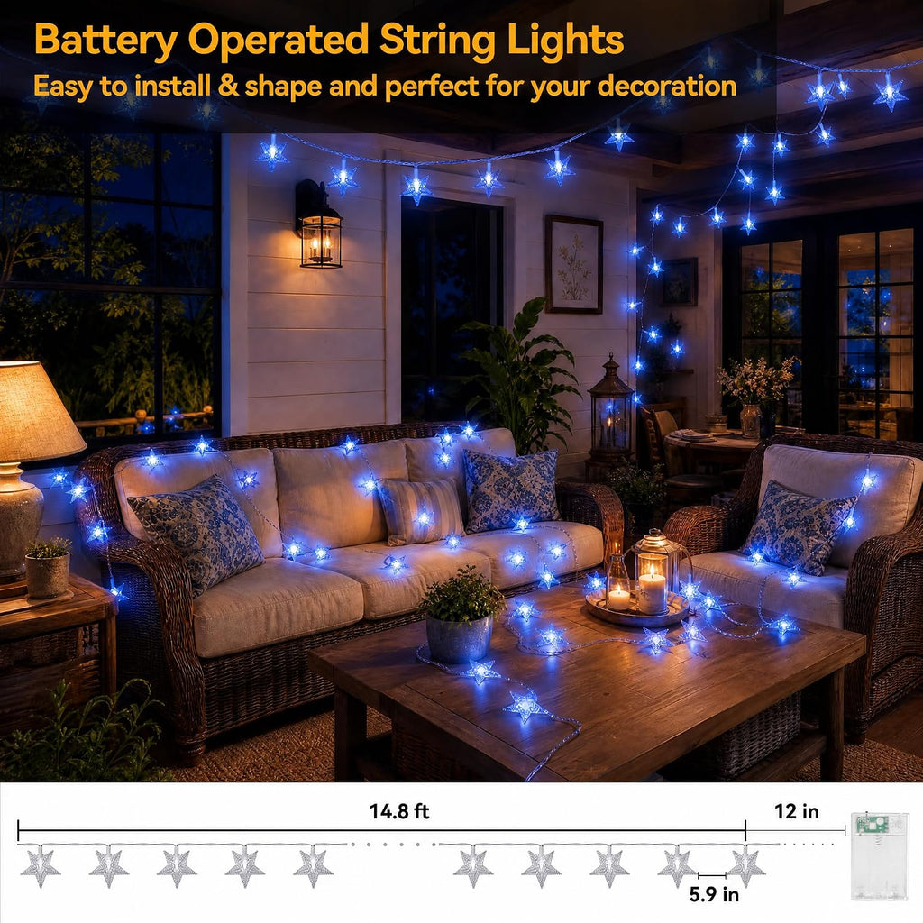 ITICdecor Blue Star String Lights Battery Operated 15 FT 30 LED