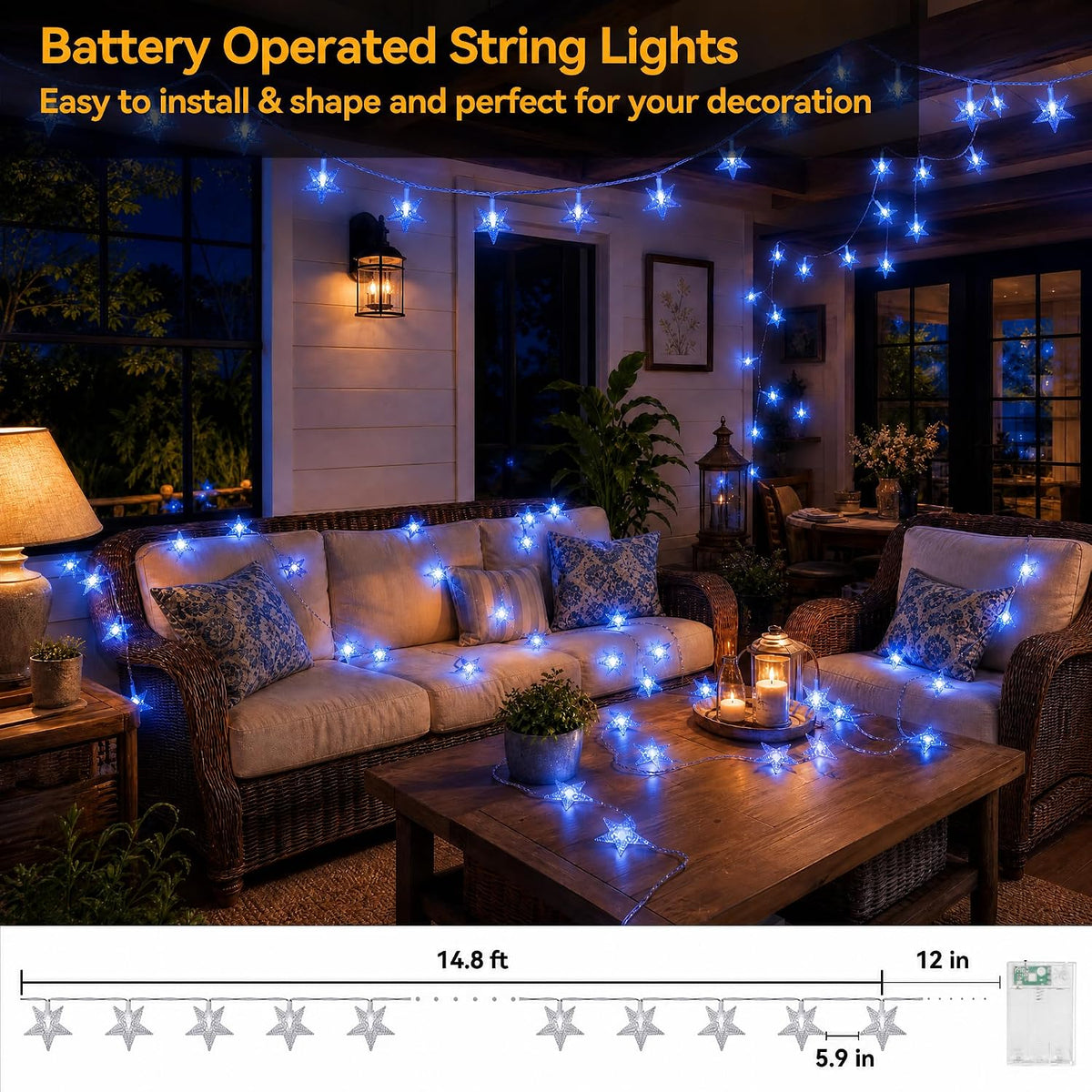 ITICdecor Blue Star String Lights Battery Operated 15 FT 30 LED
