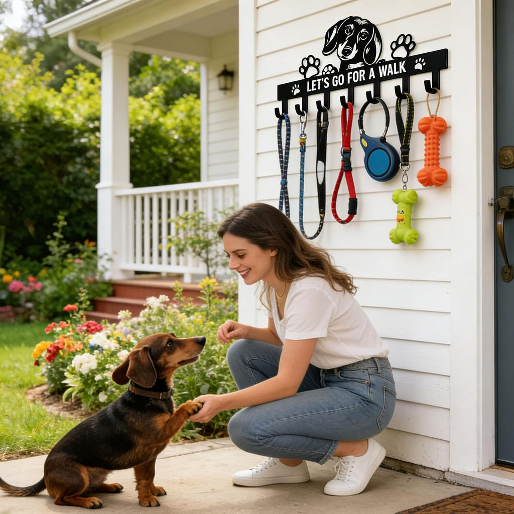 Cute Small Black Metal Dachshund Key & Dog Leash Holder for Wall