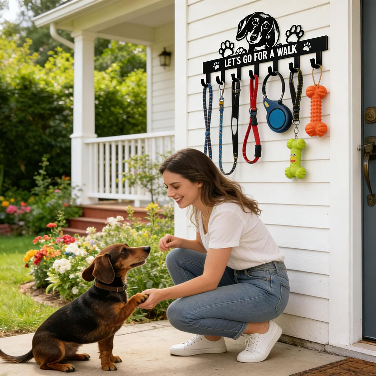 Cute Small Black Metal Dachshund Key & Dog Leash Holder for Wall