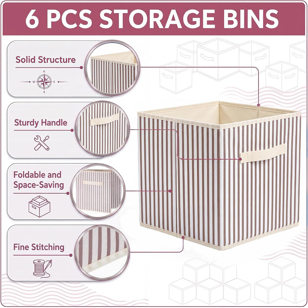 Amyhill 6 Pack Khaki Striped Basics Collapsible Fabric Storage Bins