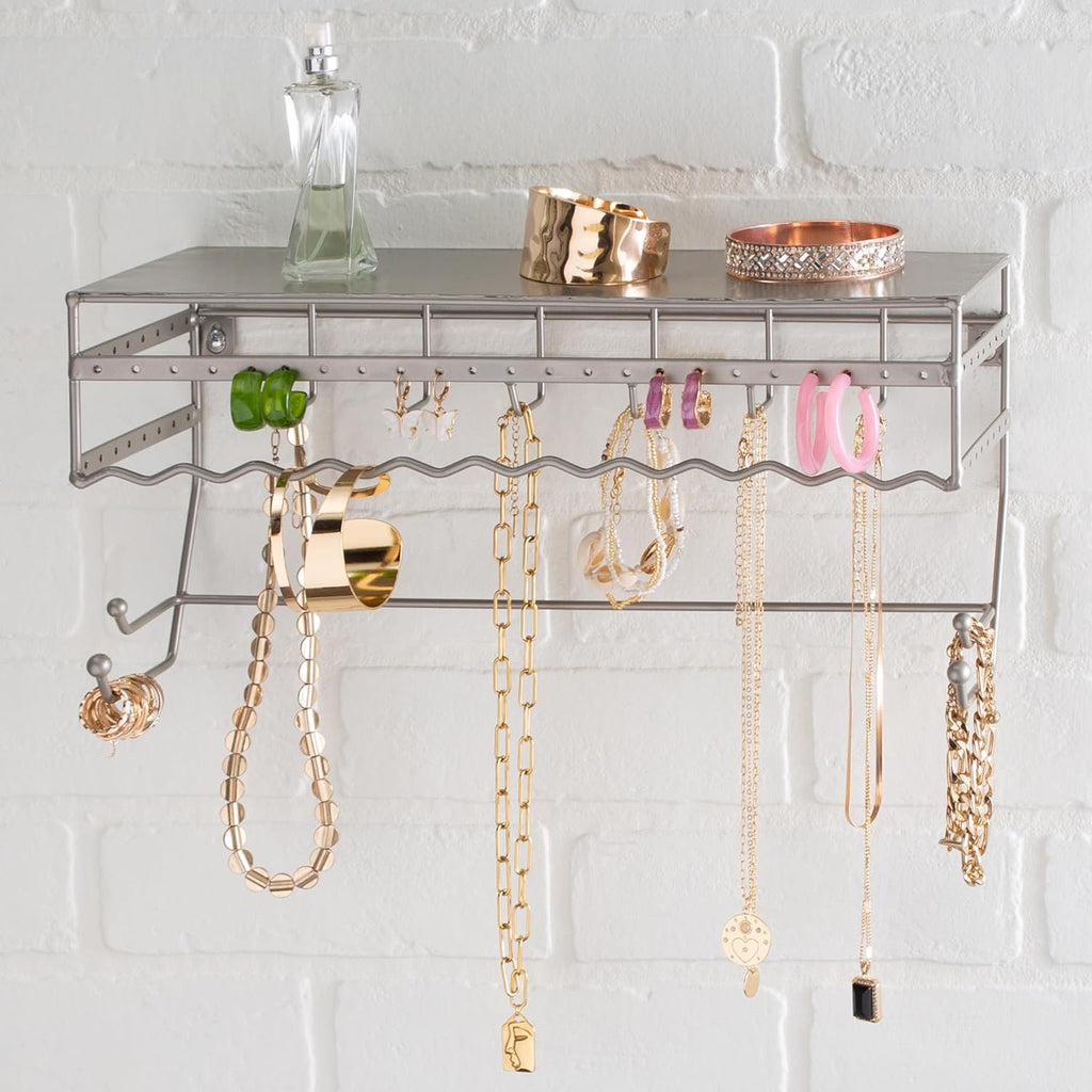 Simplify Wall Mounted Jewelry Organizer | Dimensions: 14.6"x 3.9"x 7.5" | 1 Tier | Home Organization | Great for Bracelets | Necklaces | Earrings | Satin Finish | Mirror Base Shelf