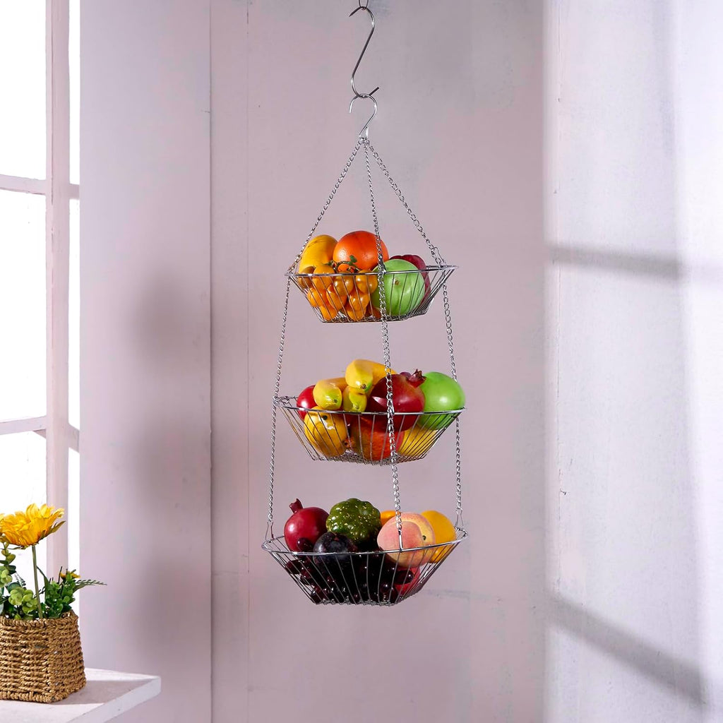 JUNCHU CHERRY 3-Tier Wire Fruit Hanging Basket 2 Packs, non-Punching Wall Hanging Storage, Kitchen Bathroom Organization Basket, Suitable for Bathroom, Kitchen, Closet, Garden, Chrome