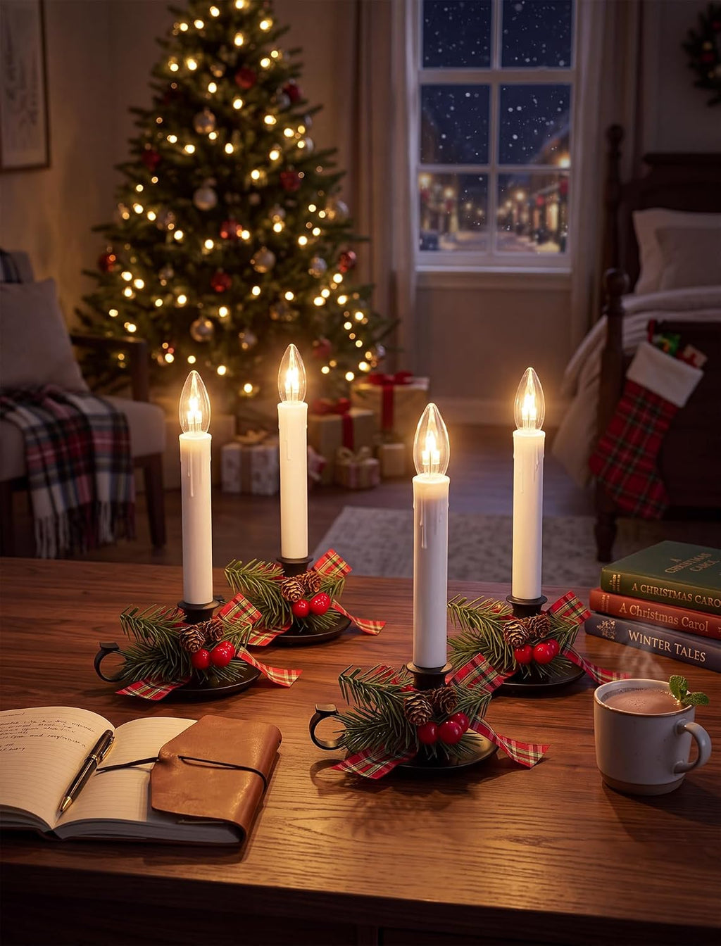 4PK Christmtas Window Candle Light, 10" LED Antique Black Candlestick