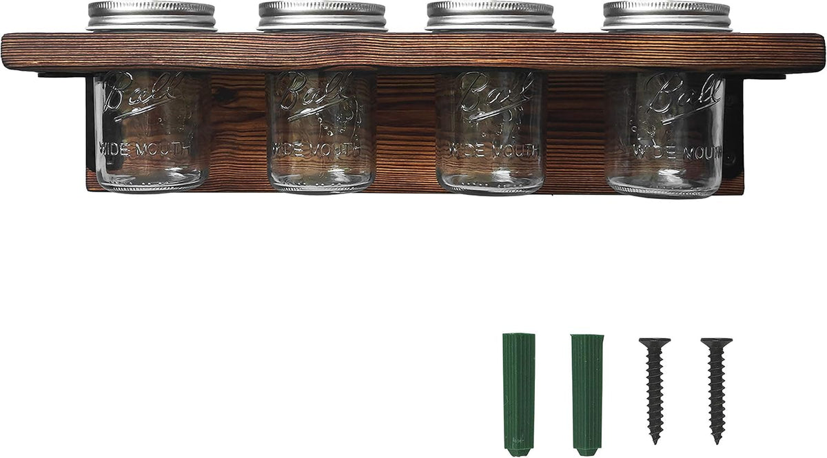 Mason Jar Shelf, Rustic Farmhouse Toothbrush Holder Wall-Mounted, Hanging Mason Jars Organizer for Planters and Candle, Solid Wood Shelf for Office, Kitchen, Barthroom