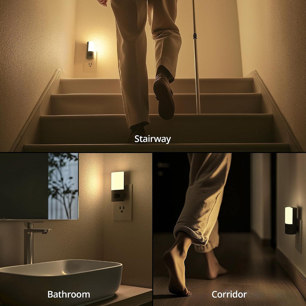 Lyridz Plug-in LED Rotatable Night Light with Motion Sensor, Dimmable Backlit Nightlight with 1-150lm Adjustable Brightness for Bathroom, Bedroom, Hallway, Stairs, 2 Pack