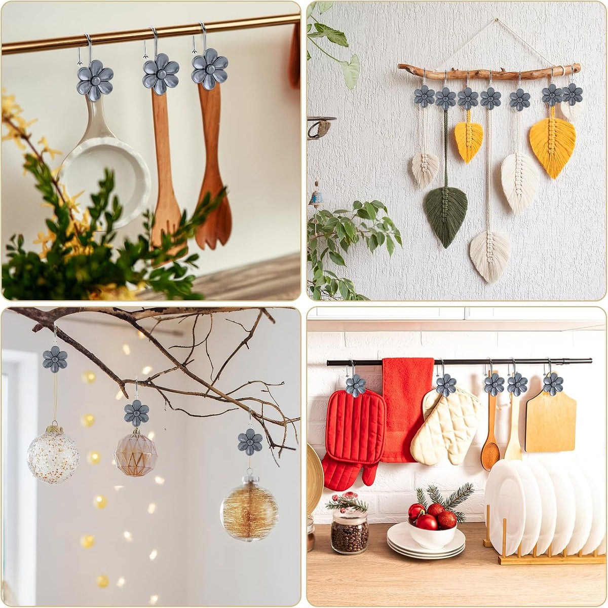 3D Floral Shower Curtain Hooks, 12 Pcs Rust Proof Resin Metal Hooks Shower Curtain Rod Rings, Ideal for Bathroom, Bedroom, Living Room Fun Home Decor (Moonstone Grey