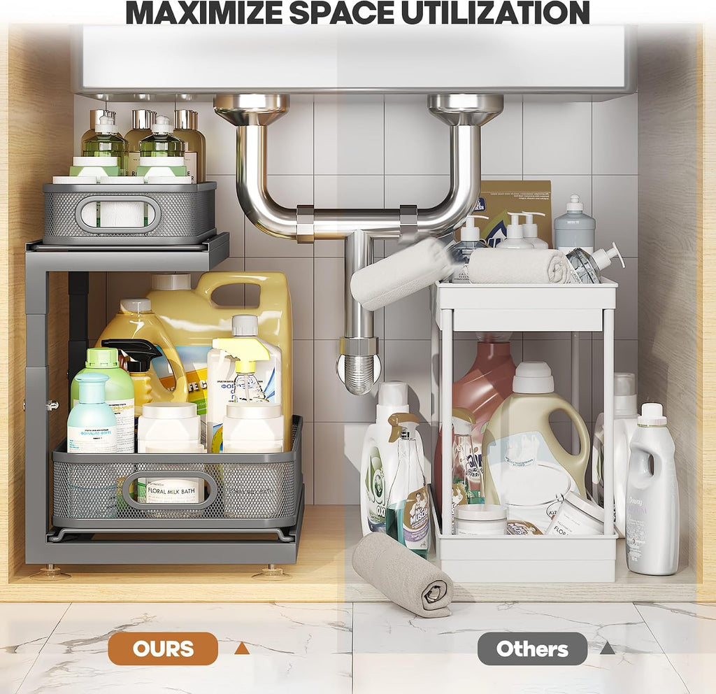 2-Pack Under Sink Storage Organizer with 2-Tier Slide Out Drawer, Sophisticated Mesh Pull Out Shelf for Kitchen & Bathroom, Fits Small Items, Upgraded Arched Track for Smooth Gliding-Gun Gray