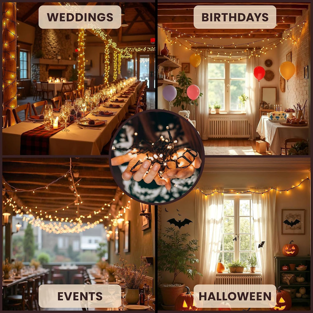 Incandescent Teeny Lights 100 ct – Warm Mini Bulbs with Brown Cord – Indoor/Outdoor Water-Resistant Farmhouse String Lights for Patio, Wedding, Home Décor, Rustic Christmas