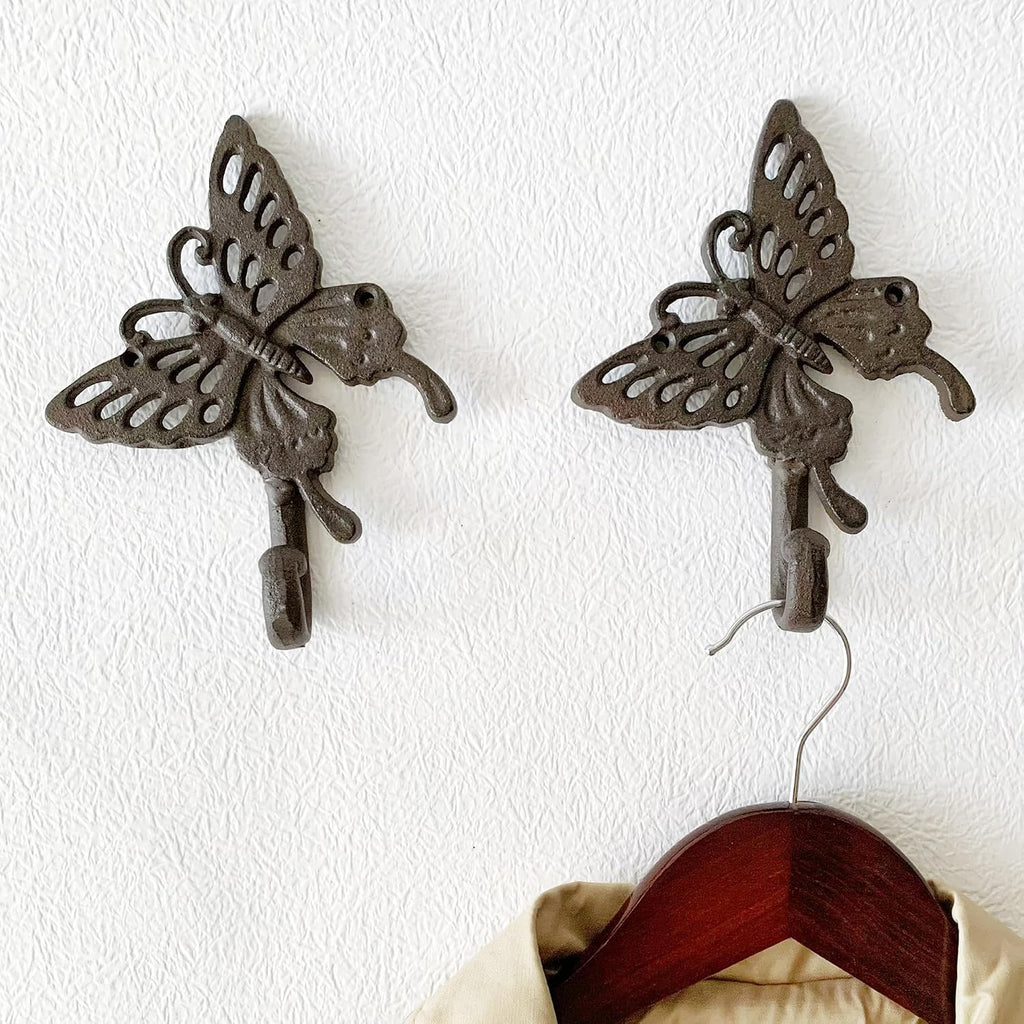 Rustic Butterfly-Shaped Decorative Wall Hook Rack Hangers for Hanging Clothes, Coats, Towels, Keys, and Hats, 2-Pack Antique Cast Iron Mounted Wall Hooks