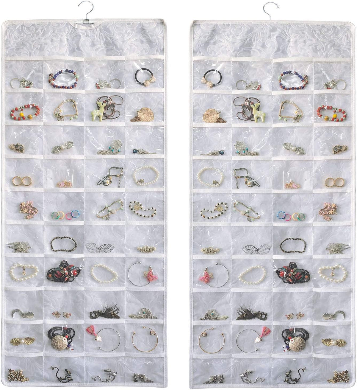 BB Brotrade Hanging Jewelry Organizer, Double-Sided Jewelry Storage Organizer with Embossed Pattern, 80 Clear PVC Pockets for Holding Jewelries (White)