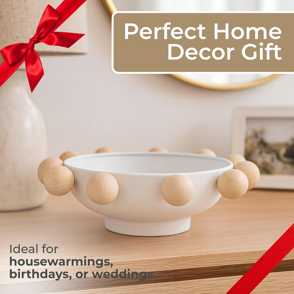 Decorative Bowl for Home Decor – Modern Wood and Metal Accent with Sculptural Wooden Knobs, Casual Catch-All Bowl for Keys, Jewelry, or Potpourri Display on Entryway Table or Console – 13", White