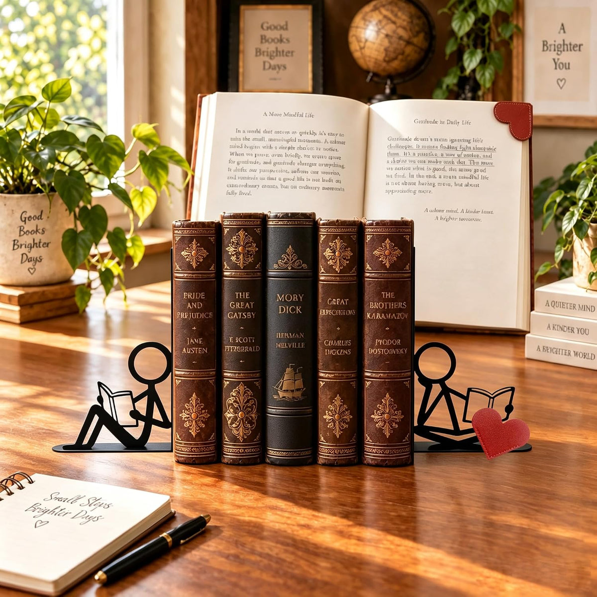 2 Pcs Metal Bookends and Heart Bookmark,Book Ends for Book Shelf,Two Reader