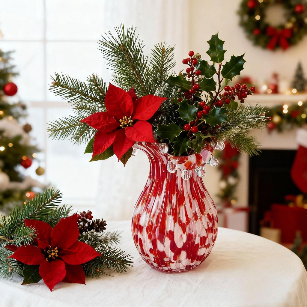 Hand Blown Glass Vase for Flowers, 8 Inch Red Crystal Bubble Flower Vases